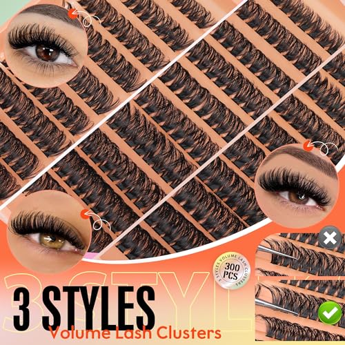 JIMIRE 300Pcs Lash Extension Kit 60D+80D+100D Thick Mink Eyelash Extension Kit with Lash Bond and Seal and Tweezers Fluffy D Curl 10-18MM Lash Clusters Kit DIY Individual Lashes Beginners Friendly