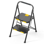KINGRACK 2 Step Ladder, Sturdy Steel Step Stool with Safe-Lock Design, Handrail, Anti-Slip Wide Pedals, Pass 800lbs Load Testing, Folding Portable Ladder for Multi-Purpose, Home, Kitchen, Black