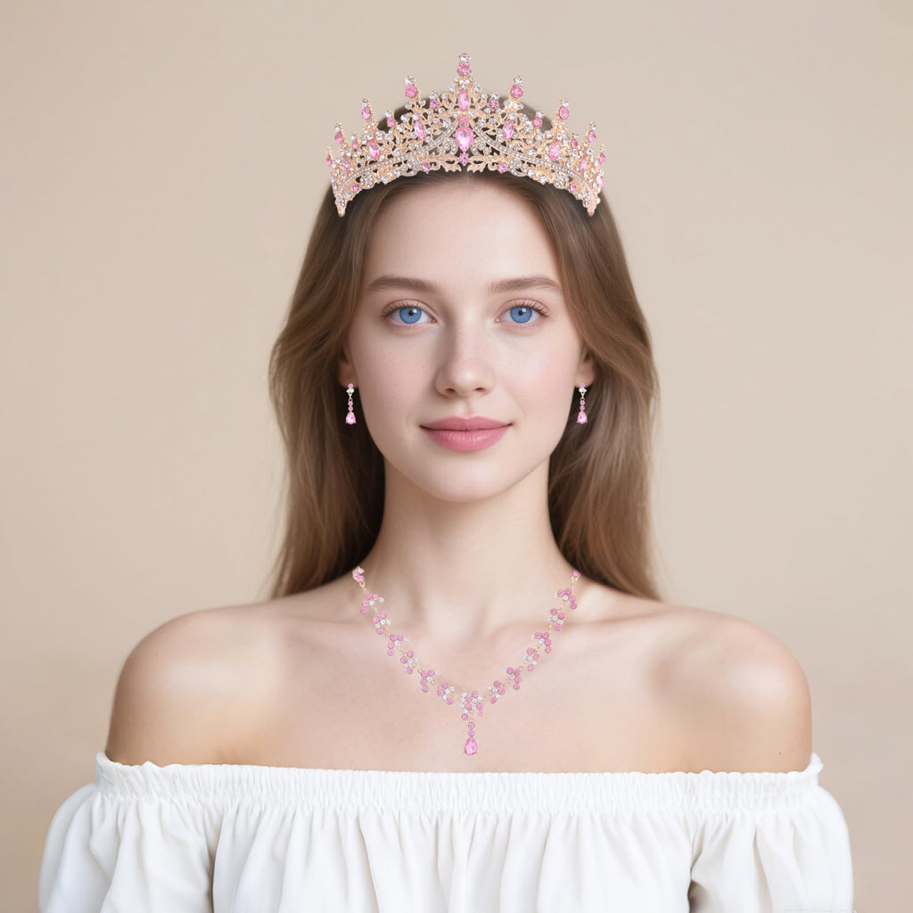 Crystal Crown and Tiara Jewelry Set for Women Bride with Necklace Earrings