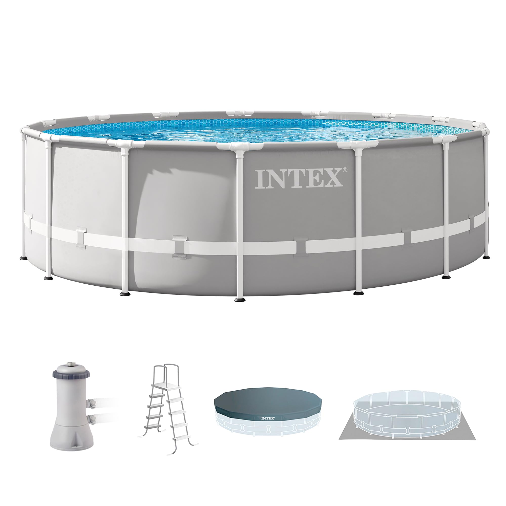 INTEX 26725EH Prism Frame Premium Above Ground Swimming Pool Set: 15ft x 48in – Includes 1000 GPH Cartridge Filter Pump – Removable Ladder – Pool Cover – Ground Cloth