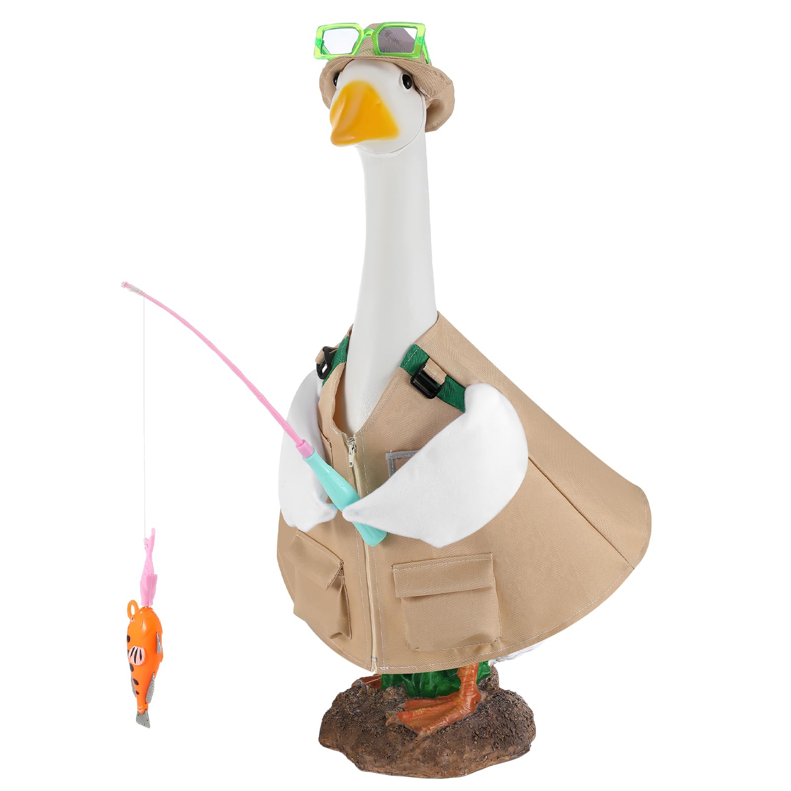 VioraWhite Fishing Goose Outfit Set Cute Lawn Porch Goose Costume Clothes for 23'' Cement Duck Outdoor Garden Yard Patio Camping Fishing Party Decoration