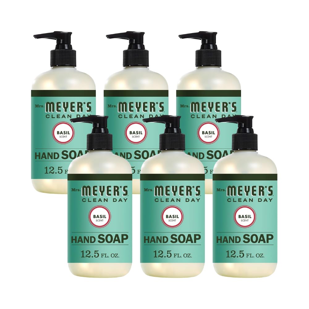 MRS. MEYER'S CLEAN DAY Liquid Hand Soap, Cruelty Free Hand Wash Made with Essential Oils, Basil Scent, 12.5 oz - Pack of 6
