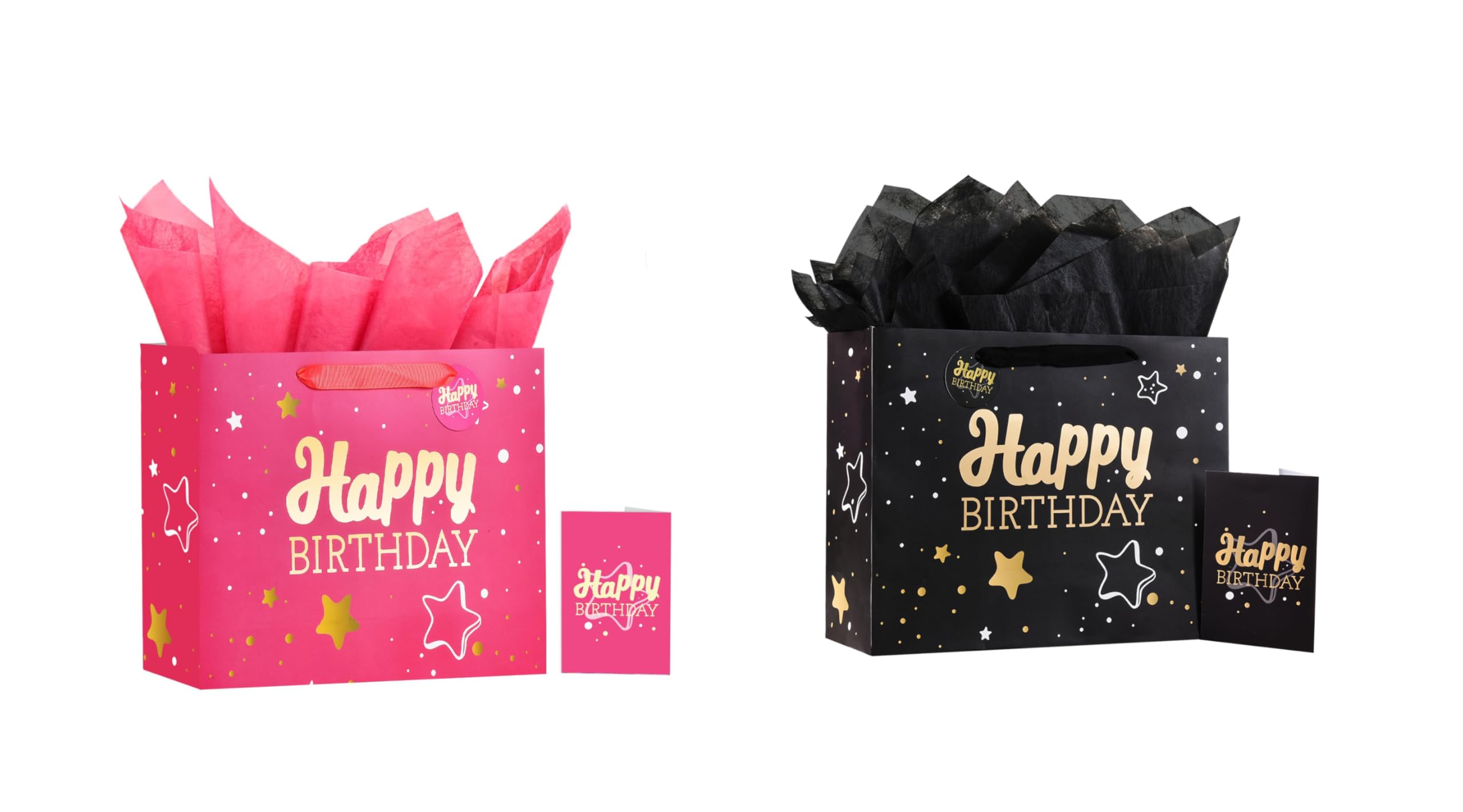 Powbrace 13" Pink + Black Happy Birthday Gift Bag with Tissue Paper and Greeting Card for Party,Happy Birthday Gift Bag for Men Women, Gift Bags Medium size(2 PCS Pink & Black)