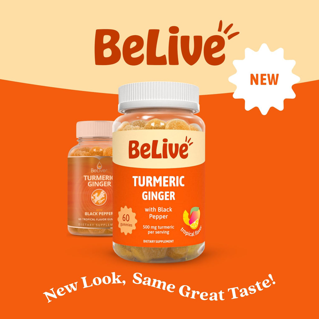 BeLive Turmeric Gummies - Curcumin with Black Pepper & Ginger Extract - 500 mg of Turmeric and Ginger Supplement for Immune Support, Healthy Skin, and Mobility - Tropical Flavor | 60 Count