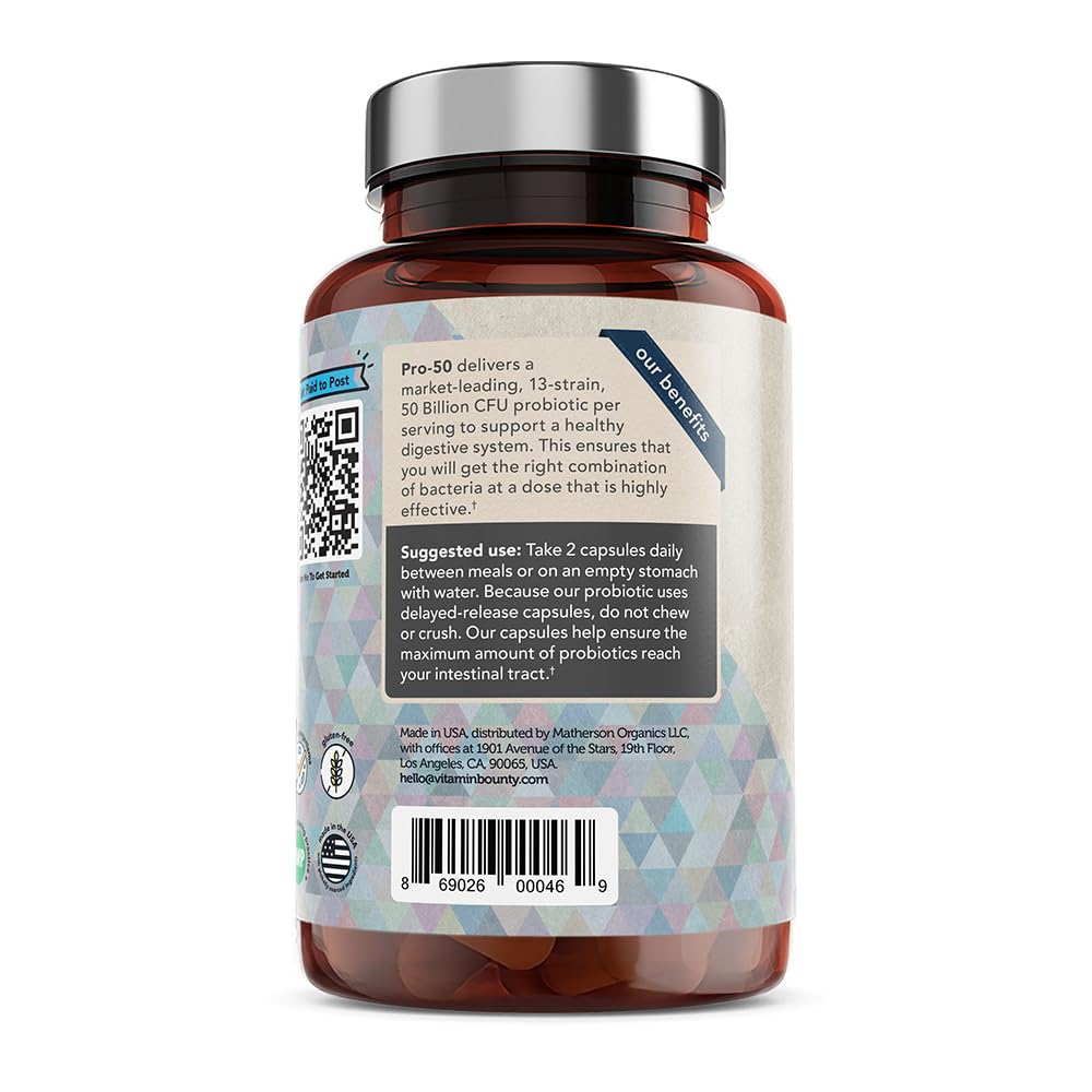 Vitamin Bounty Pro-50 Probiotic 50 Billion CFU - 13 Strain Supplement for Men & Women + Prebiotics - Digestive Health & Gut Support - Lactobacillus & Bifidobacterium - Delayed Release Capsules, 2 Pack