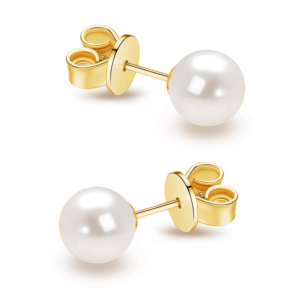 14K Yellow Gold AAA+ Round 7.5-8mm Freshwater Cultured Pearl Earrings Stud for Women