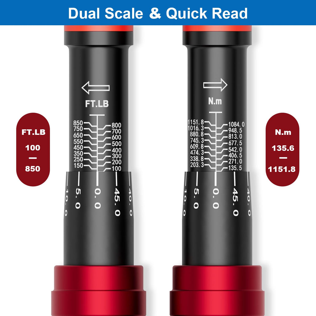 SUERCUP 3/4-inch Drive Click Torque Wrench, 100-850ft.lb/135.5-1151.8Nm Adjustable 48 Tooth Drive Click Torque Wrench with Buckle for Car, Truck Maintenance and Product Assembly