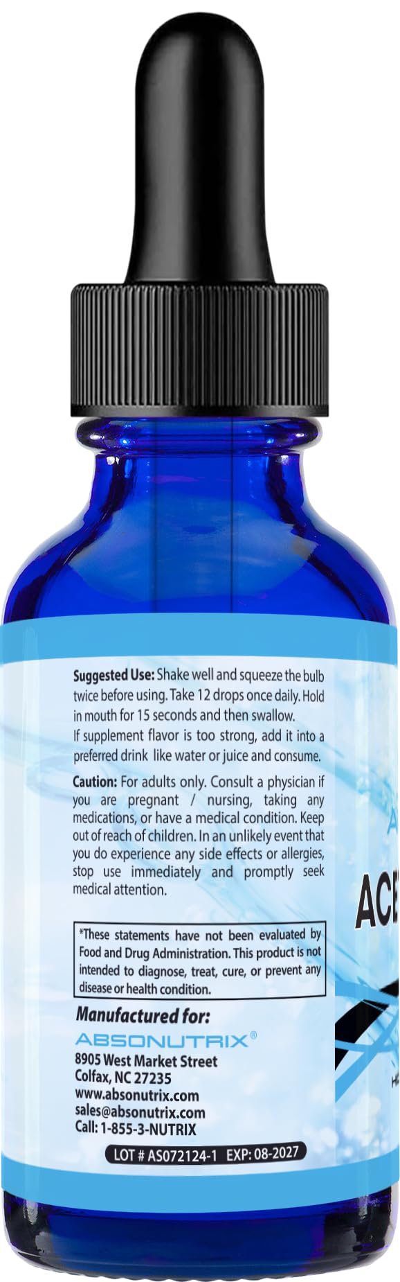 Absonutrix Acetyl L-Carnitine, 593mg per Serving, 200 Potent Servings, Quick Absorption Liquid Drops, Gluten-Free, Third-Party Tested, GMP-Certified, Non-GMO, Made in USA