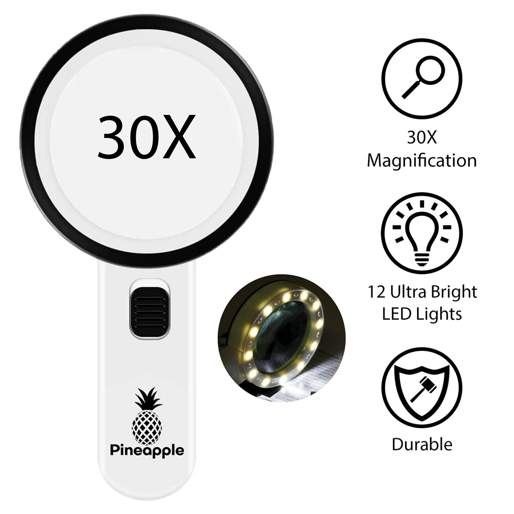 Magnifying Glass with Light, 30X Handheld Large Magnifying Glass for Reading, Lighted Magnifier for Seniors, Macular Degeneration, Coins, Jewelry, Elderly