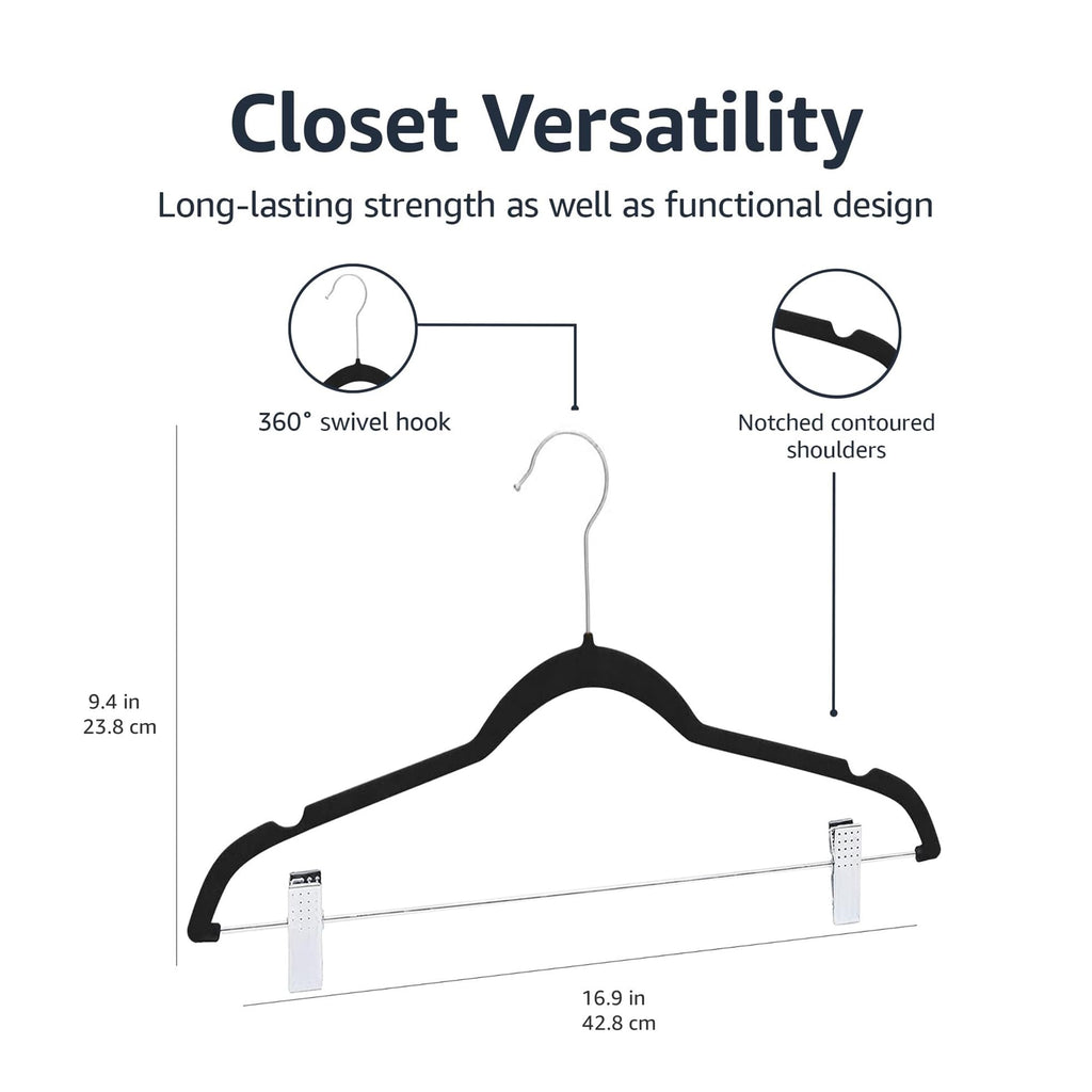 Amazon Basics Velvet Non-Slip Skirt Clothes Hangers with Clips, 360 Degree Rotatable Hook, Organize Pants and Skirts, Black/Silver, 24-Pack
