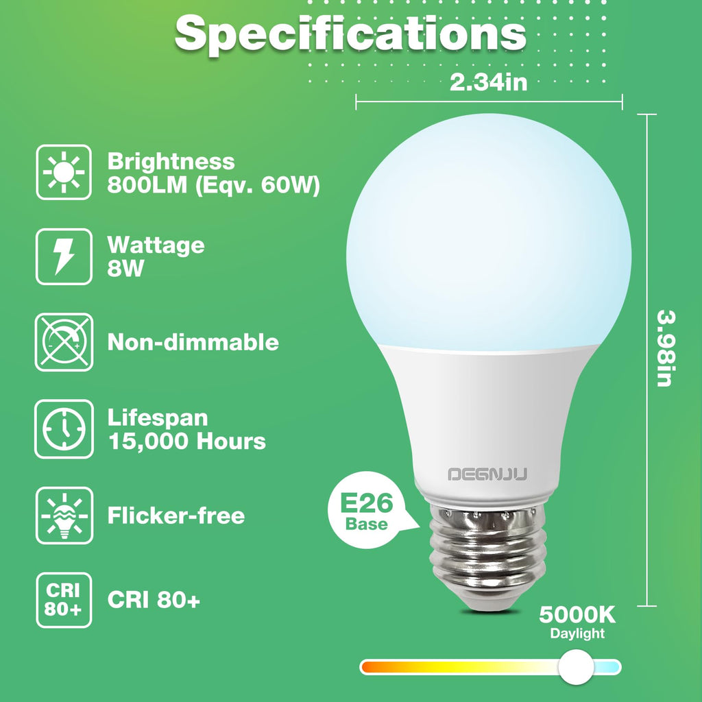 DEGNJU LED Light Bulbs Daylight 5000K, 60 Watt Equivalent LED Bulbs, A19 Standard Bulbs, 800 LM, 15000 Hours, E26 Base, Non-Dimmable, 8W LED Bulbs for Bedroom Living Room 24 Pack