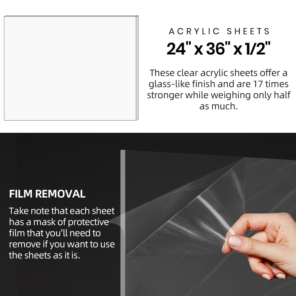 CALPALMY (2 Pack) 1/2" Thick Clear Acrylic Sheets 24" x 36", Pre-Cut Plexiglass Sheets for Craft Projects, Acrylic Signs, Display Cases or Shelving and More - Easy to Cut with Power Saw etc