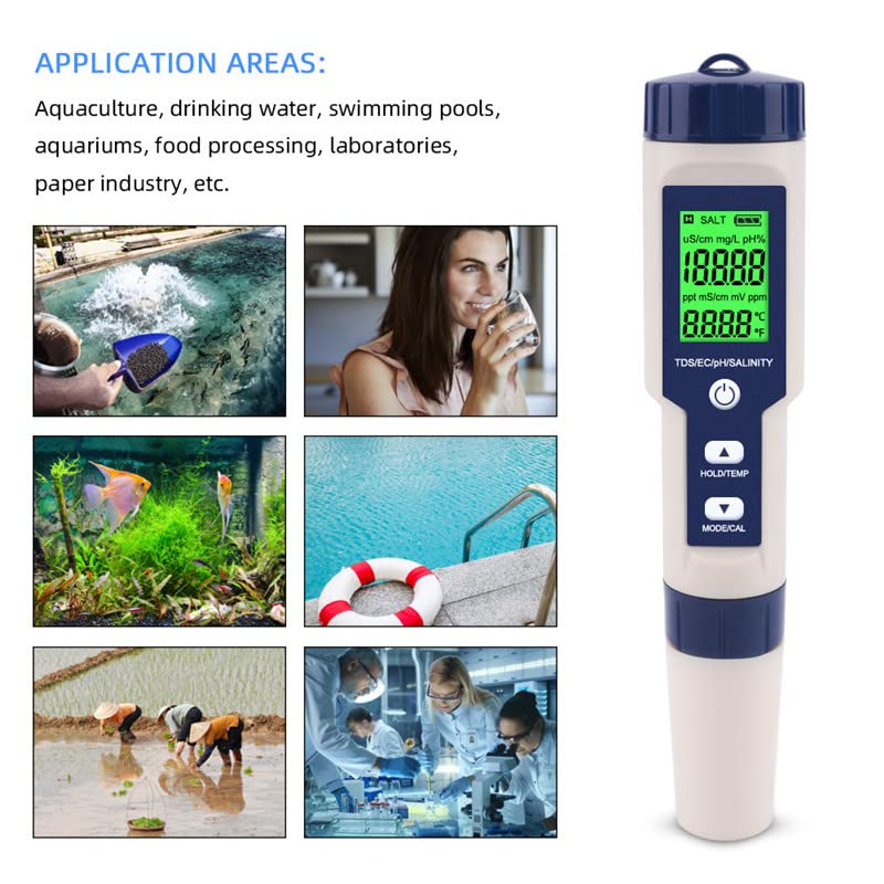 Pool Salt Tester & PH Meter, Hofun Digital Salinity Meter and PH Tester for Pool Saltwater and Drinking Water, 5 in 1 Salinity PH Temp EC and TDS Meter Swimming Pool Hot Tub Spas, High Accuracy