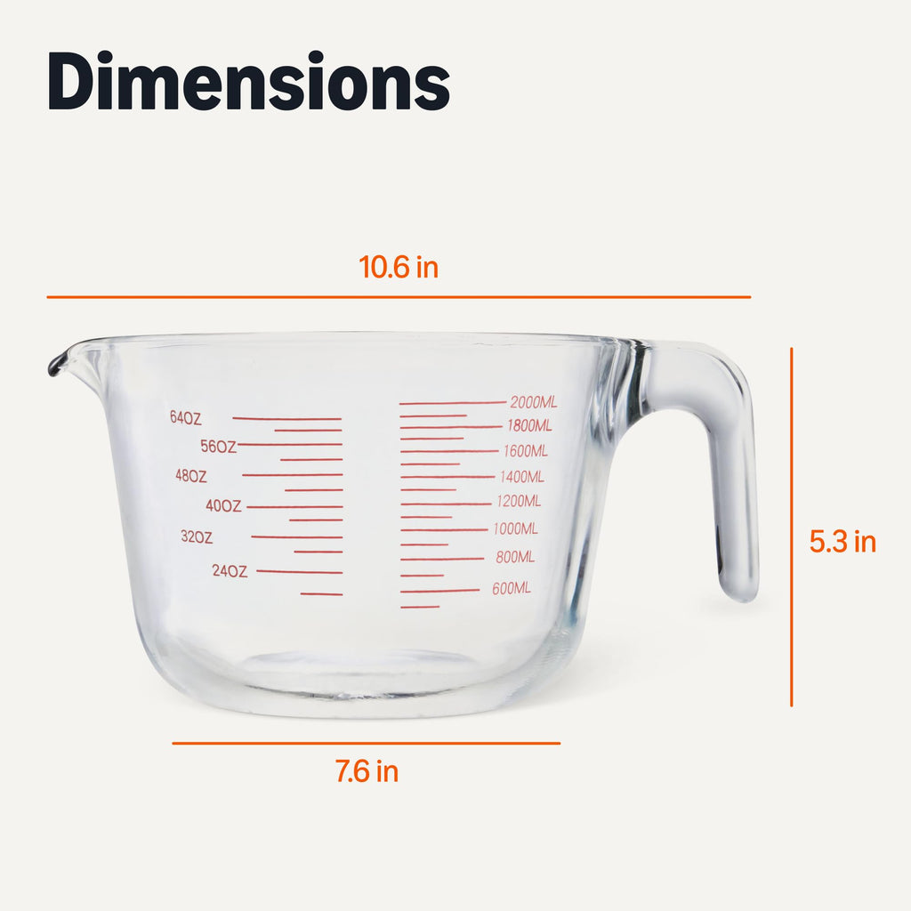 Amazon Basics Large Size Glass Measuring Cup, 8 Cup, Easy-to-Read Markings, Dishwasher/Microwave/Freezer/Oven Safe (Previously AmazonCommercial)