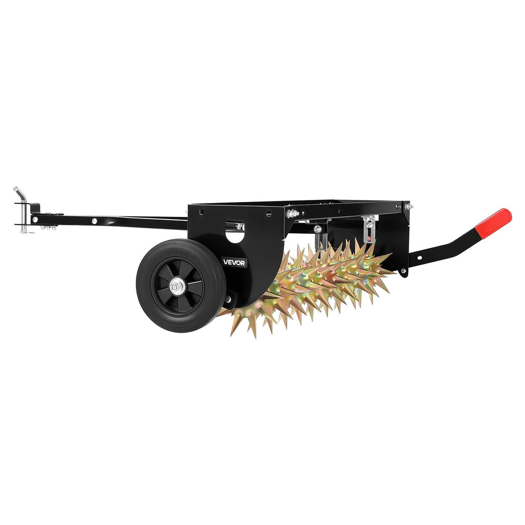 VEVOR Tow Behind Plug Aerator, 40 in Lawn Spike Aerator with Universal Hitch, 150lbs Weight Capacity, Heavy Duty & Rust-Resistant, Pull Behind Aeration Tool with Tray for Farmland & Garden Tractors