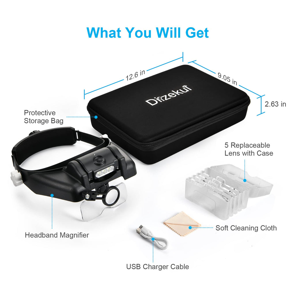 Dilzekui Magnifying Glass with Light 1X to 14X, Rechargeable Magnifying Glasses, Head Mount Manifying Glass, Headset Magnifier with Detachable Lens, Headband Magnifier for Close Work Jewelers Crafts