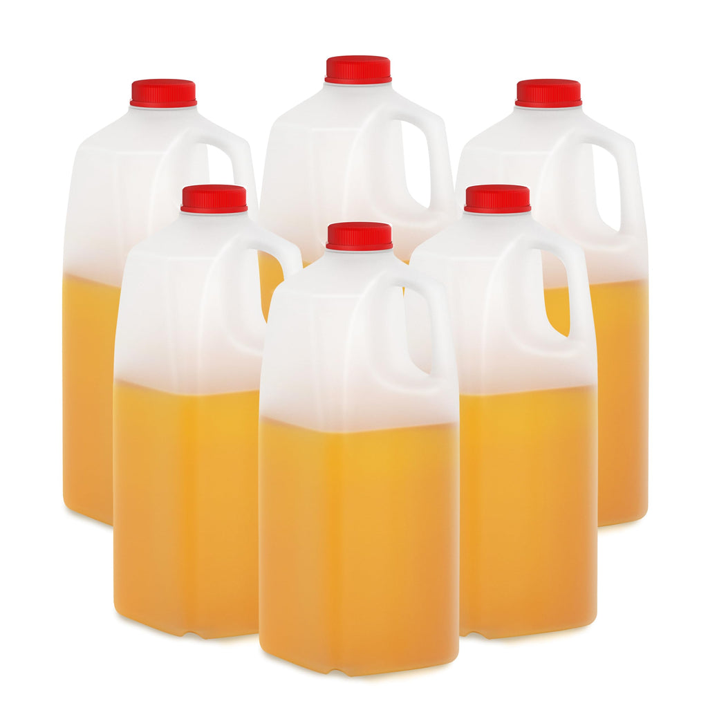 KitchenDine Plastic Milk Bottles, 64 Oz HDPE Material, Juice Bottles with Red Tamper-Evident Caps, Set of 6, Clear bottle with Red cover (6)