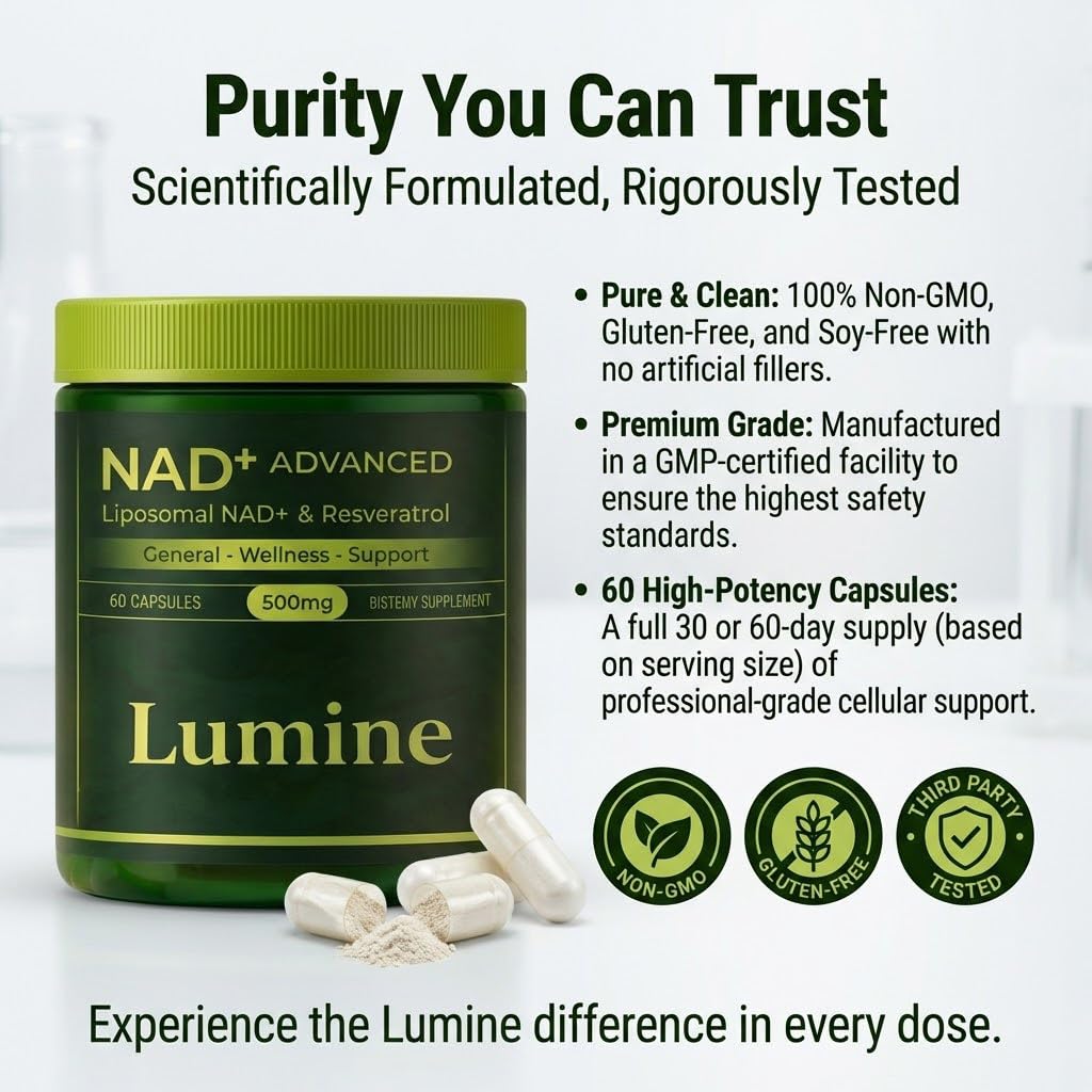 Louma Lumine Organics NAD+ Supplement with Resveratrol and Quercetin - Liposomal Delivery Capsules Daily, Vitality Support, 60 Capsules.