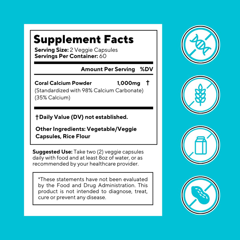 Vitapia Coral Calcium Powder 1000mg Capsules for Overall Health, Bone Health, PH Level Balance, Trace Minerals Support - 120 Veggie Capsules - Non-GMO & Gluten-Free Supplement