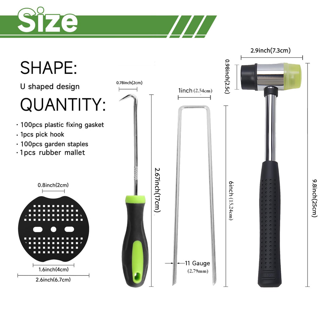 YACOO 6 Inch Landscape Staples Set, 11 Gauge Galvanized U-Shaped Garden Stakes (100 Pack) with 100 Gaskets, Hook Tool & Rubber Mallet for Weed Fabric & Landscaping
