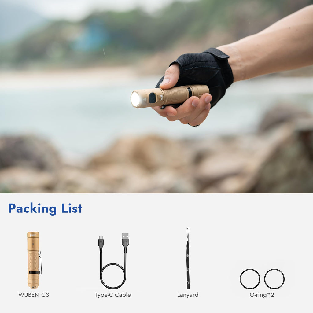 WUBEN C3 Flashlight 1200 High Lumens Rechargeable Flashlights 6 Modes Super Bright IP68 LED Tactical Flashlight for Camping, Home, Emergenc, Inspection, Repair, Tool Gifts for Men(Khaki)