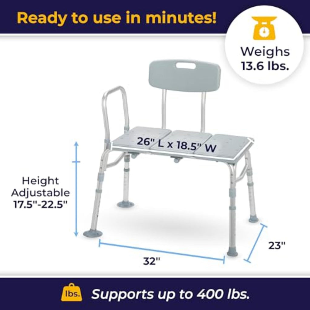 Drive Medical Tub Transfer Bench for Bathtub - Safer, Independent Bathing Aid - Height Adjustable Bench - Sturdy Aluminum Construction - Comfortable Backrest Support - 350 Lb Capacity