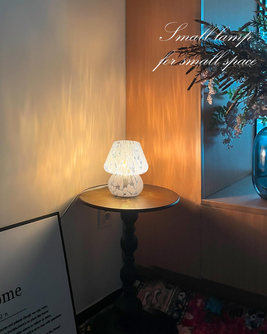 ONEWISH Mushroom Lamp Small Bedside Table Lamp-Nightstand Nightlight Dimmable Stepless, Translucent Glass Desk Lamp for Bedroom Dorm Living Kitchen, Murano Style Aesthetic Cute Home Decor(Blue)