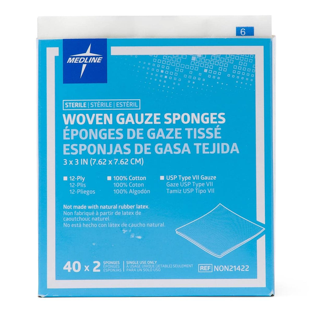 Medline Sterile 100% Cotton Woven Gauze Sponges, 3" x 3", 12-Ply, Ideal for Wound Dressing and General Cleaning, 2/Packs, Pack of 40