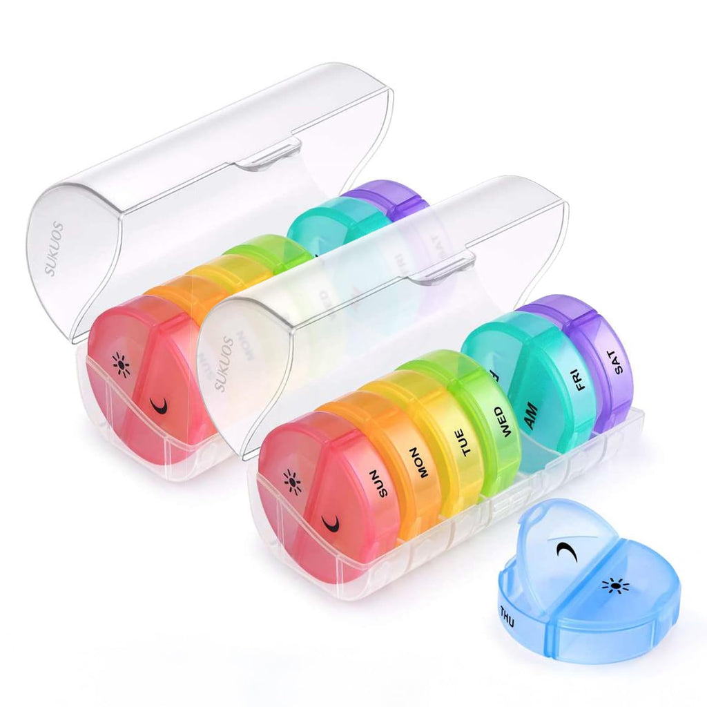 Sukuos Large Weekly Pill Organizer 2 Times a Day, Daily Pill Box 7 Day Easy to Open, Double Protection Medicine Case for Vitamin/Fish Oil/Supplements, Clear (2 Pack)