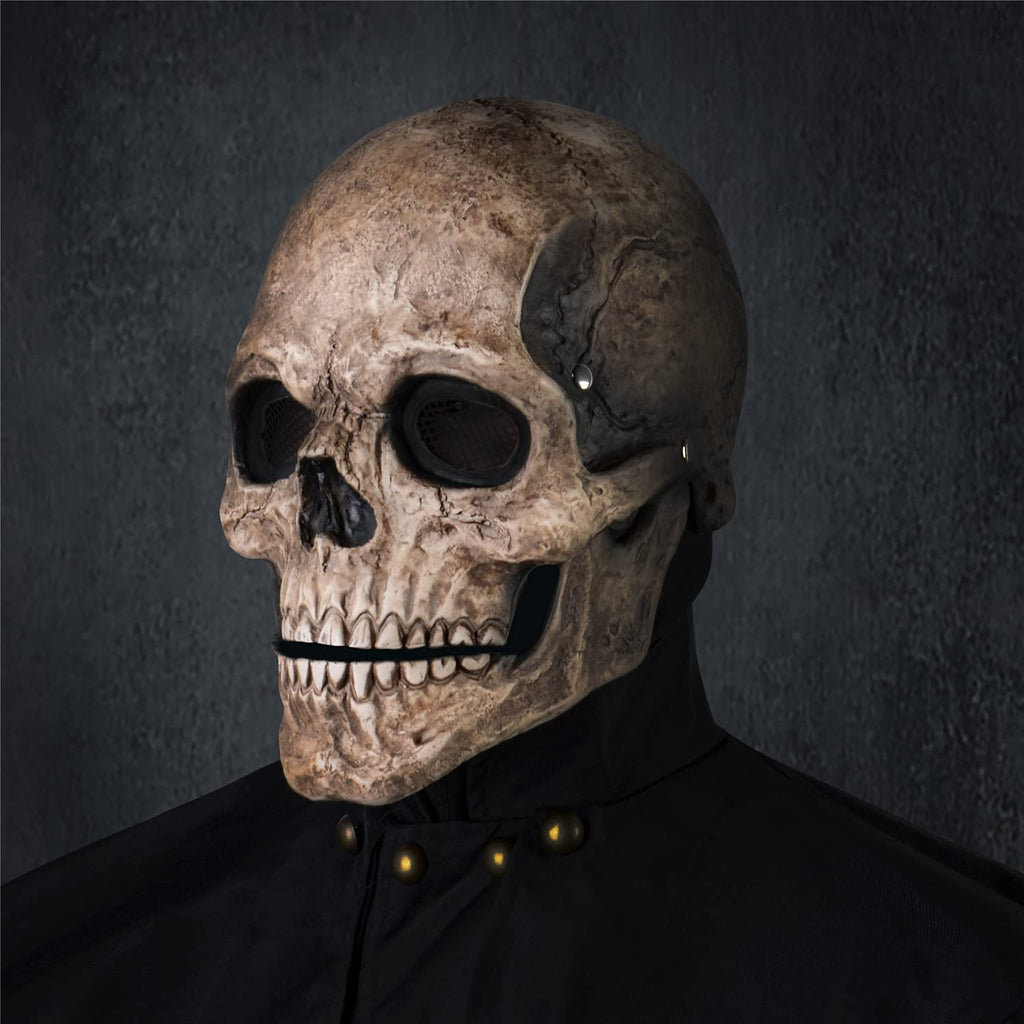 RRANYF Creepy Halloween Full Head Skull Mask with Movable Jaw, Adult Entire Head Realistic Latex Helmet, Scary Skeleton Headgear (Yellow Human Skull Costume Mask)