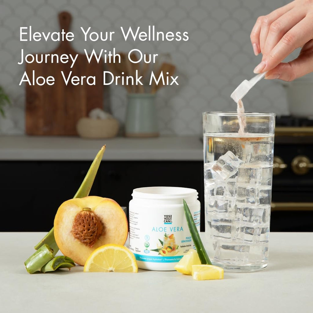 Yes You Can! Aloe Vera Powder Drink Mix - Hydration Booster Infused with Pure Organic Aloe Vera Extract - Delicious Flavors - Made in USA - Antioxidant Rich - Peach Lemonade Flavor - 40 Servings Per Canister (4 Pack)
