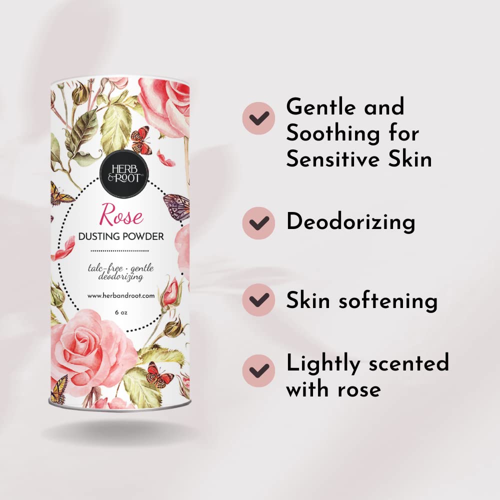 Herb & Root Rose Scented Talc-Free Dusting Powder for Women: Anti-Chafing Body Powder with Arrowroot and Oats, 6 oz