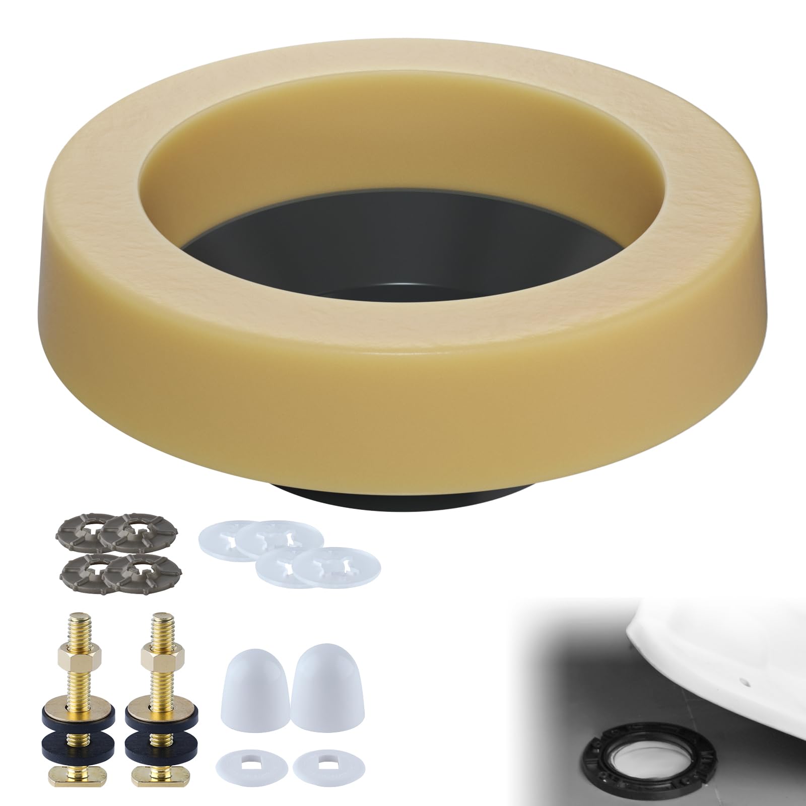 Hibbent Extra Thick Toilet Wax Ring Replacement Kit, Universal Toilet Seal Ring with Brass Bolts and Toilet Bolt Covers, PE Toilet Flange Fits 3 Inch and 4 Inch Drain Pipes