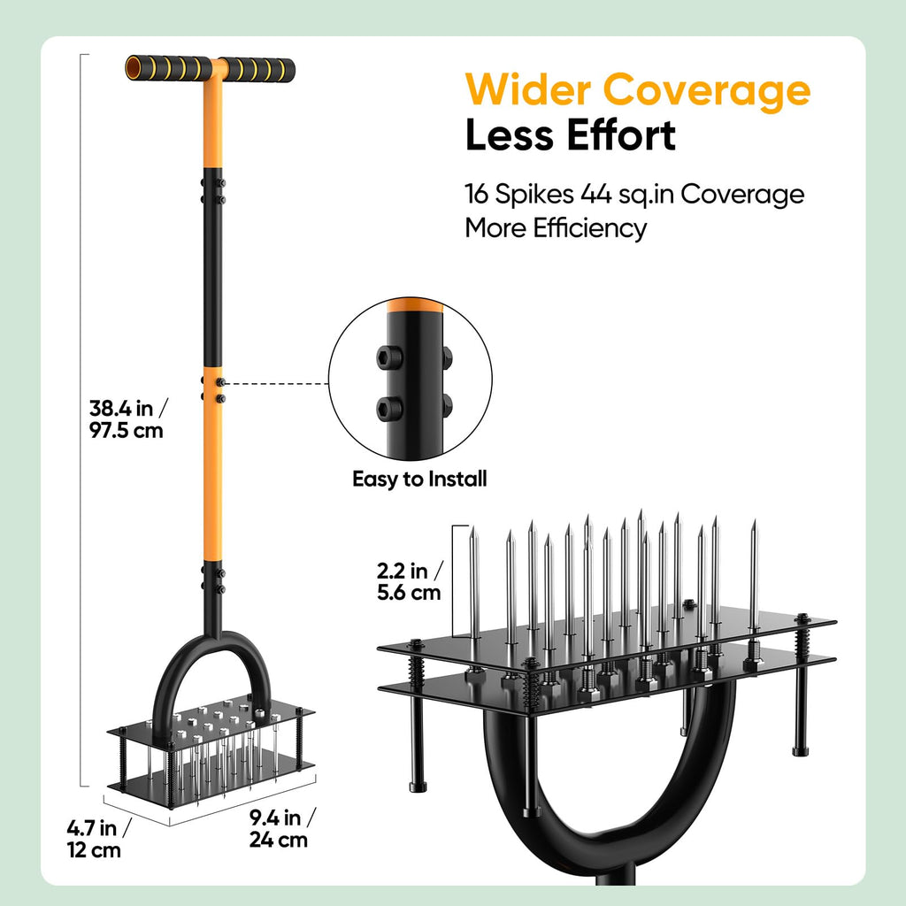 Grenebo Lawn Aerator Tool with 16 Spikes, Manual Yard Aerator, Black Orange