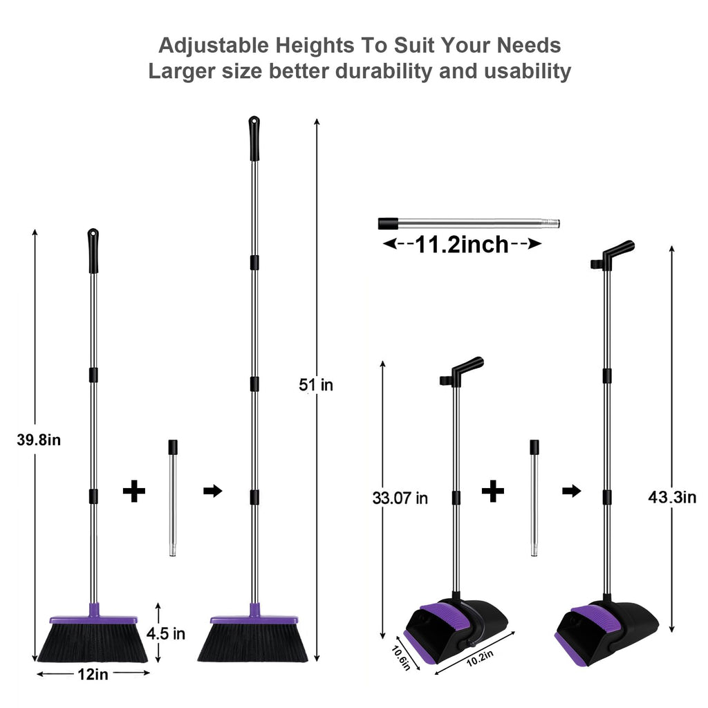 Broom and Dustpan Set, Upright Purple Broom with Dustpan Combo Set 51" Long Handle, Self Cleaning Dust Pan for Home, Kitchen and Office