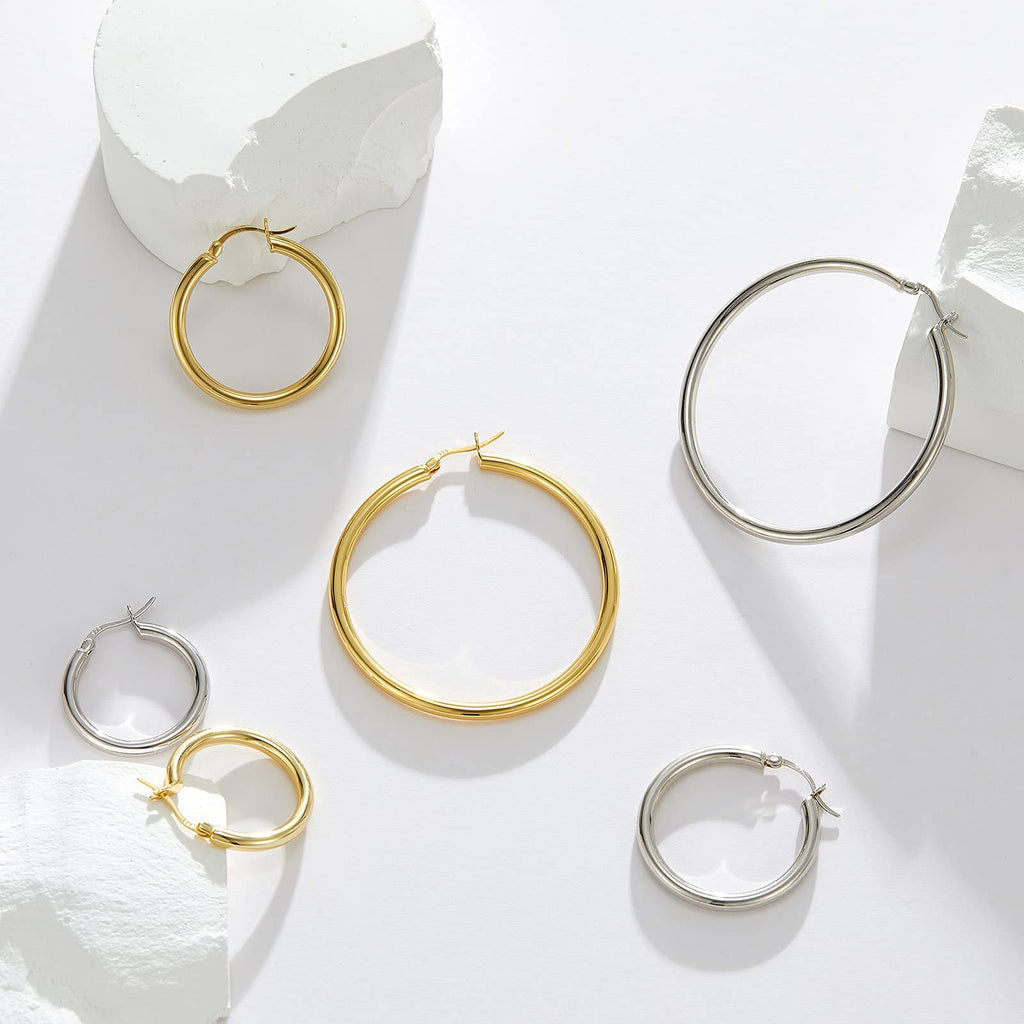 SWEETV Sterling Silver Post Earrings Chunky Hoop Earrings for Women 25MM Polished Huggie Earrings for Sensitive Ears