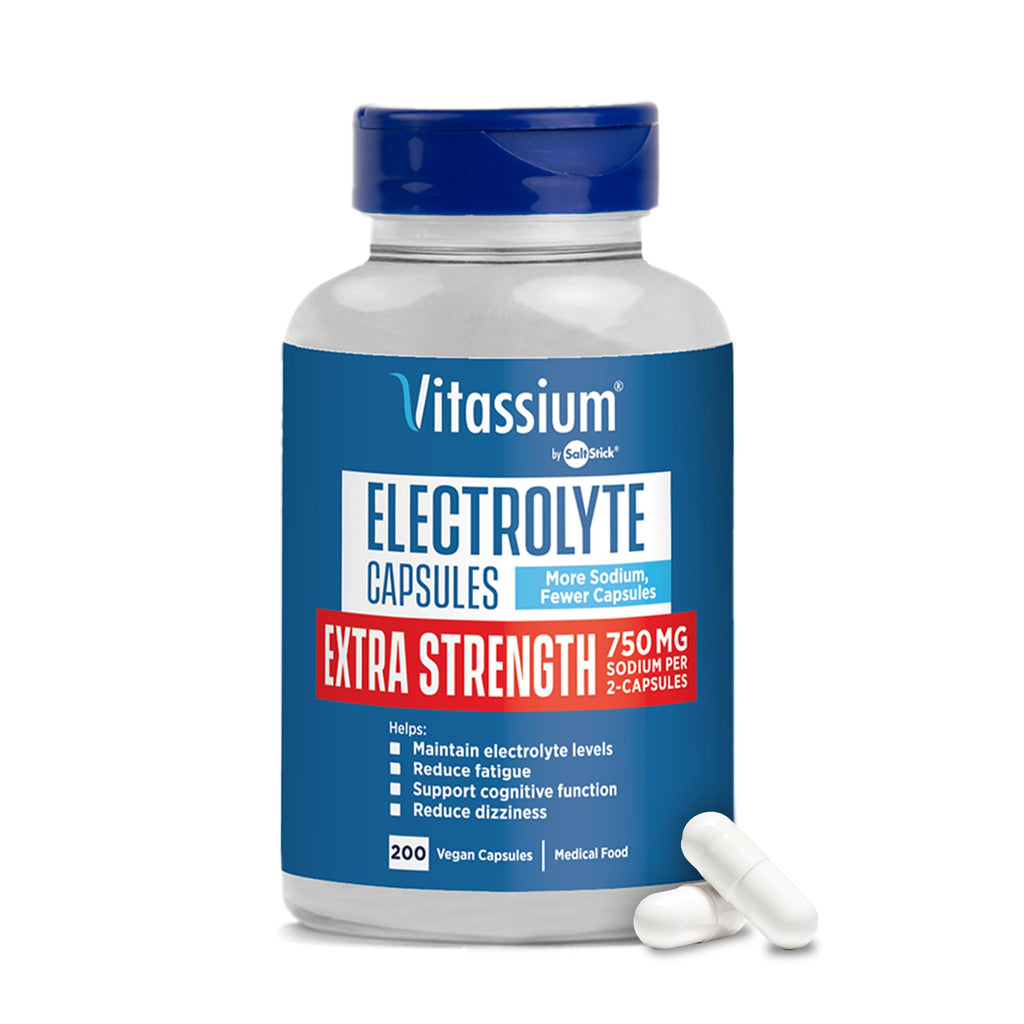 Vitassium Extra Strength Electrolyte Capsules - 750mg of Sodium for The Management of POTS and High Sodium Diets, Unflavored - 200 Salt Pills (Size 00)