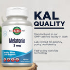 KAL Melatonin 3mg Sleep Aid, Fast Dissolve Tablets, Calming Relaxation and Healthy Sleep Cycle Support, with Added Vitamin B6, Vegan, Gluten Free, Non-GMO, 120 Servings, 120 ActivTabs