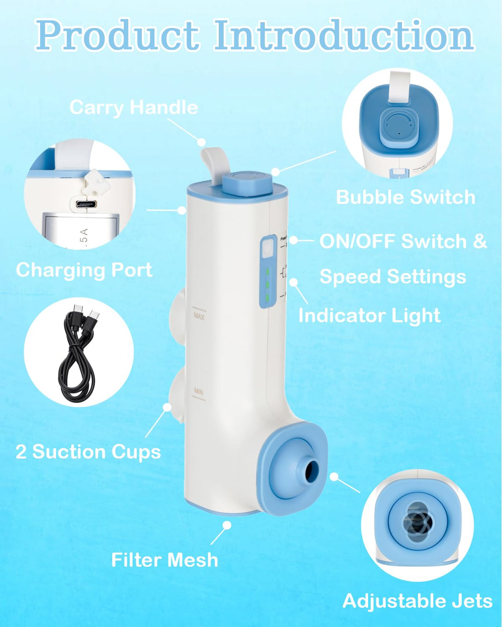 KokoSelene Rechargeable Bath Jets for Tub, Portable Jet Spa for Bathtub, Creates Soothing Bubbles and Massage for Relaxing Daily Use at Home (White-Blue)