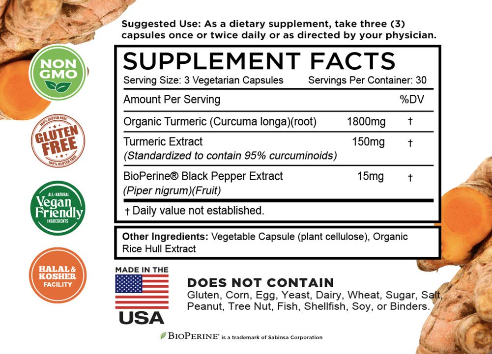 Turmeric Curcumin with BioPerine Black Pepper & 95% Curcuminoids, 1965mg, Maximum Absorption for Joint Support, Non-GMO Turmeric Capsules, Made in USA - 90 Veg Caps