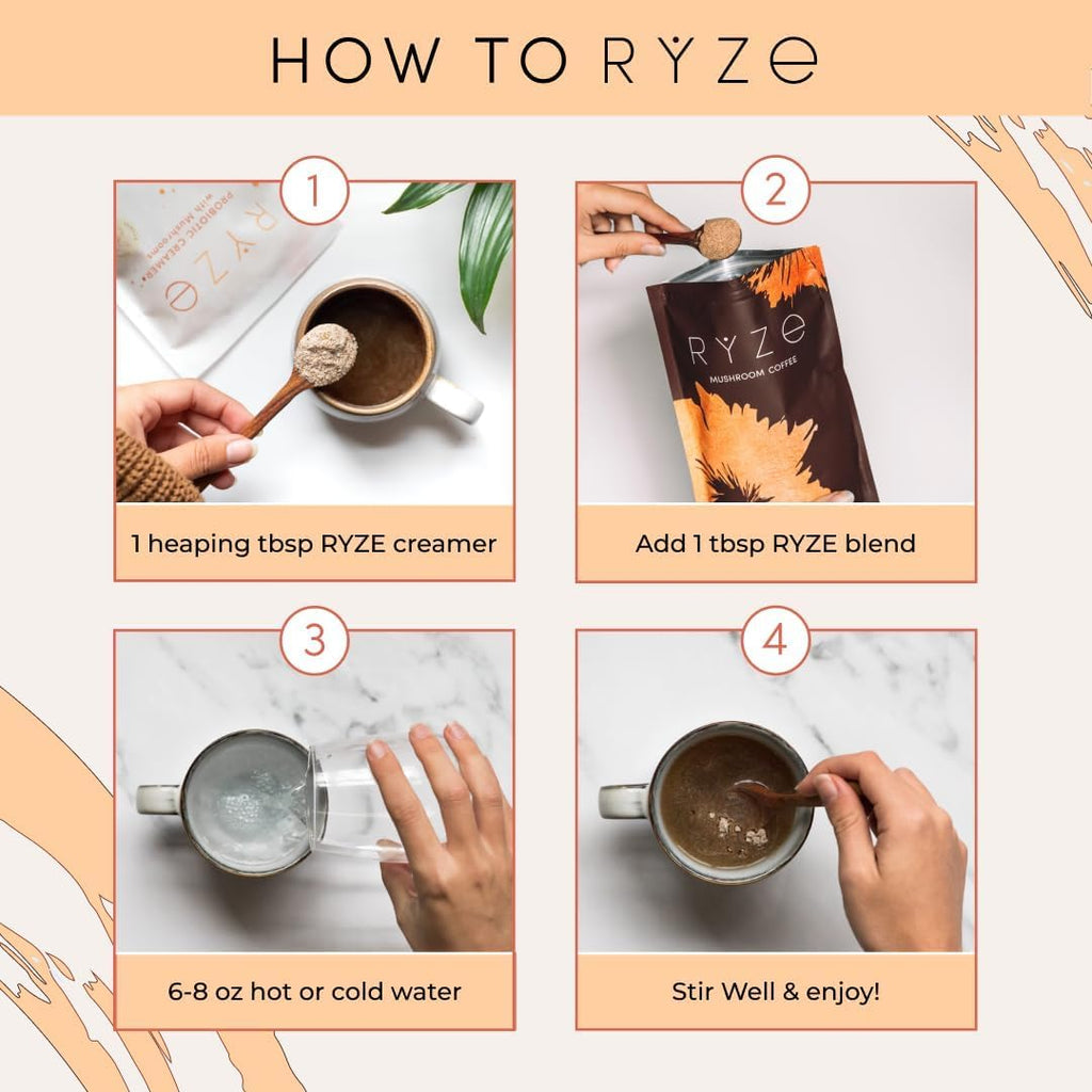 RYZE SUPERFOODS RYZE n Shine Bundle, USDA Organic Mushroom Medium Roast Coffee + Probiotic Coffee Creamer with 6 Adaptogenic Mushrooms for Better Energy, Focus, Digestion, Immunity, 30 + 30 Servings