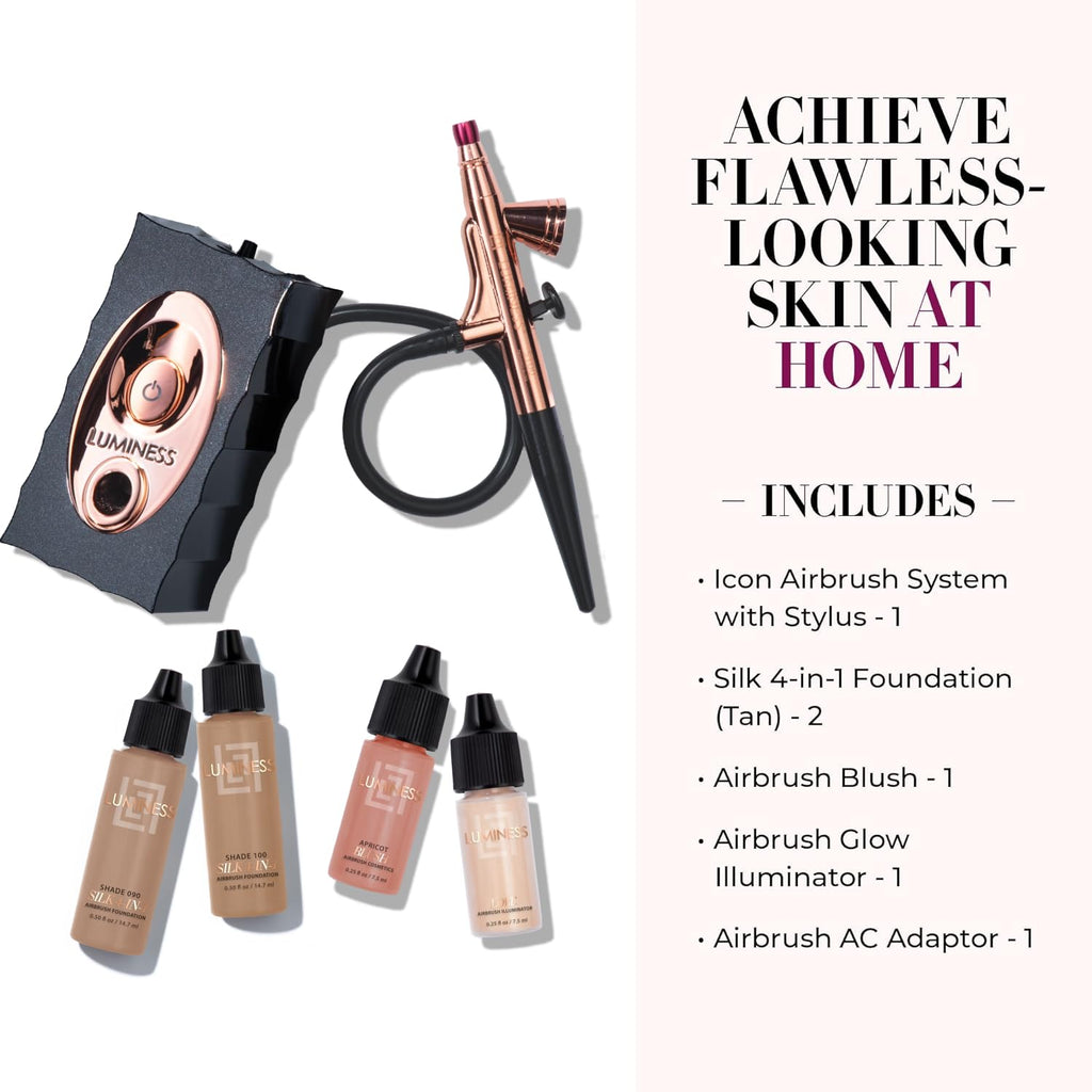 Luminess Air Icon Makeup Airbrush System and 4-Piece Foundation Starter Kit, Tan Coverage - Quick, Easy & Long Lasting Application - Includes Silk 4-In-1 Foundation, Highlighter & Blush