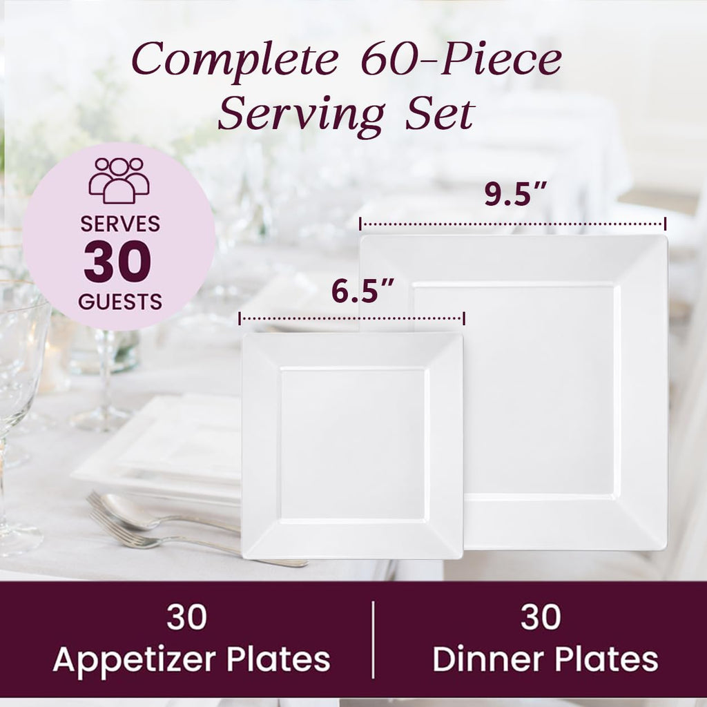 [60 PCS] Square Plastic Plates for Party | White Disposable Plastic Plates