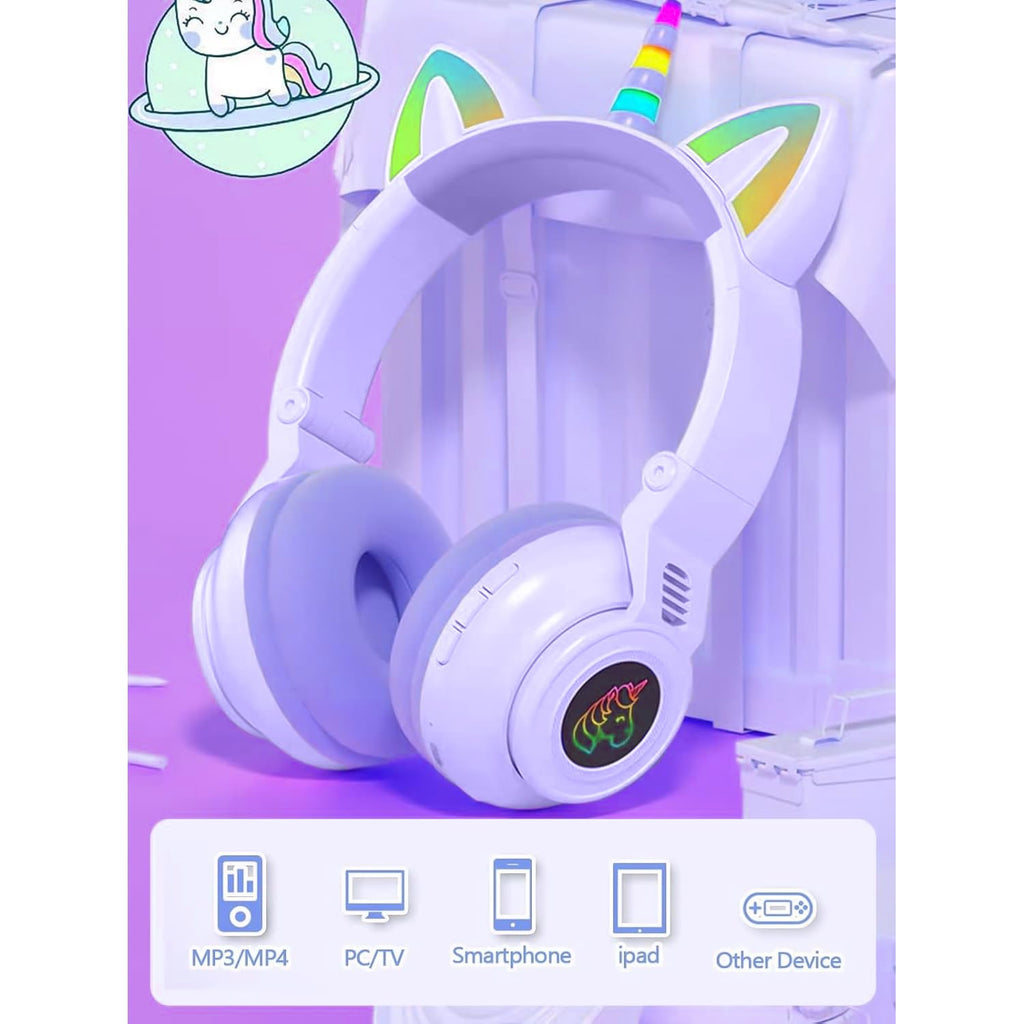 Unicorn Kids' Bluetooth Headphones,Foldable Wireless Headphones for Children with Cable and Microphone Earphones Volume Control,Unicorn-Inspired Gift Design for Birthday Gift & Christmas (purple)
