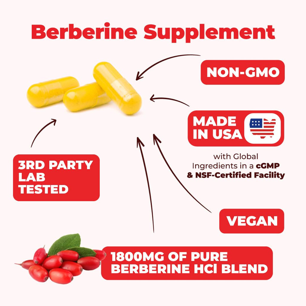 Vimerson Health Berberine Supplement with Third Party Tested Berberine 1800mg - Immune Support Supplement for Cardiovascular, Gastrointestinal Function & Metabolic Aid - Vegan & Non-GMO