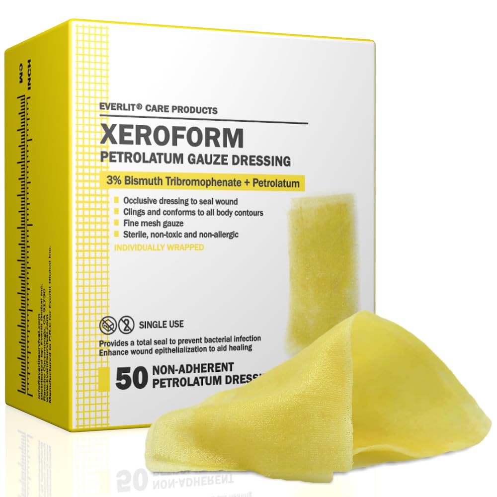 EVERLIT Xeroform Petrolatum Dressing | Sterile, Non-Adherent Occlusive Fine Mesh Gauze Pad | Non-Toxic, Gentle Patch for Burns, Laceration, Surgical Incisions & Skin Grafts (1" x 8" | Pack of 50)