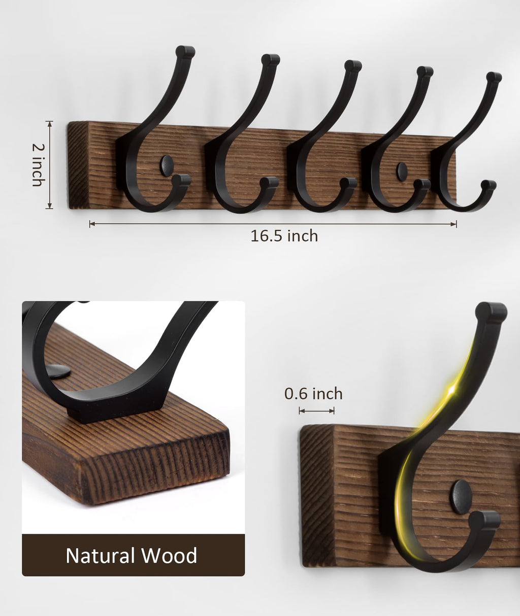 Optish Coat Rack Wall Mount, 16.5 Inches Wood Coat Hooks Wall Mount, Wall Coat Rack with 5 Hooks, Hat Rack Wall Hooks for Hanging Coat, Bag, Towel (2Pack, Brown)
