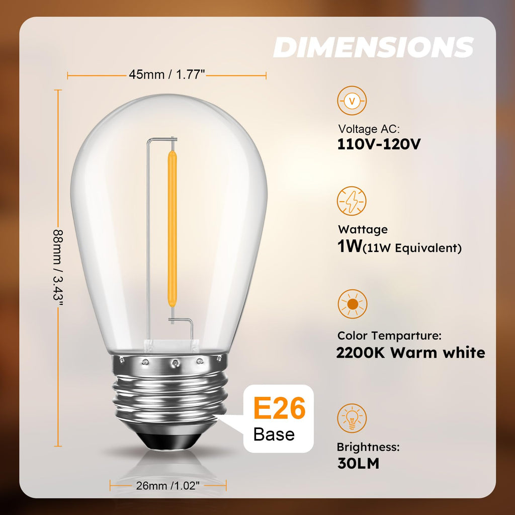 GvvooHome 36 Pack S14 LED Replacement Light Bulbs, Shatterproof Plastic 1W Outdoor String Light Bulbs for Patio, Garden, Waterproof, E26 Regular Medium Screw Base, Warm White
