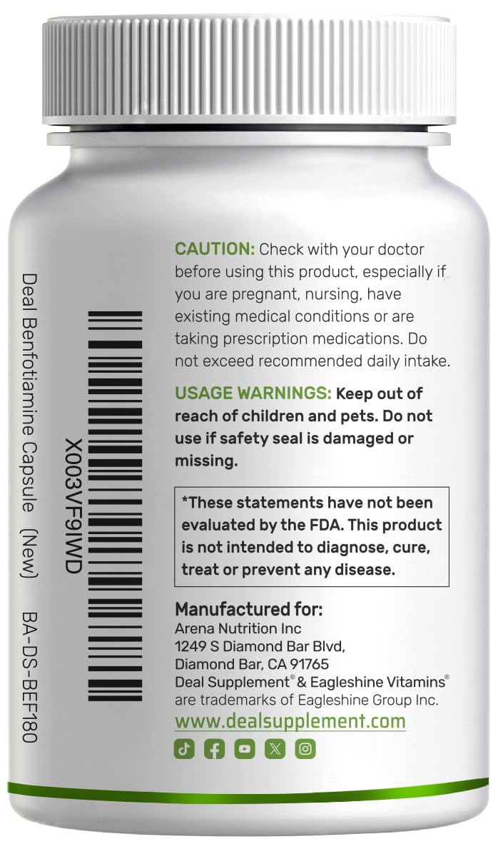 Benfotiamine 600mg Per Serving, 180 Veggie Capsules (300mg Per Cap) – Fat Soluble Vitamin B1 Thiamine Supplement – 3rd Party Tested, Vegan, Non-GMO, Gluten Free