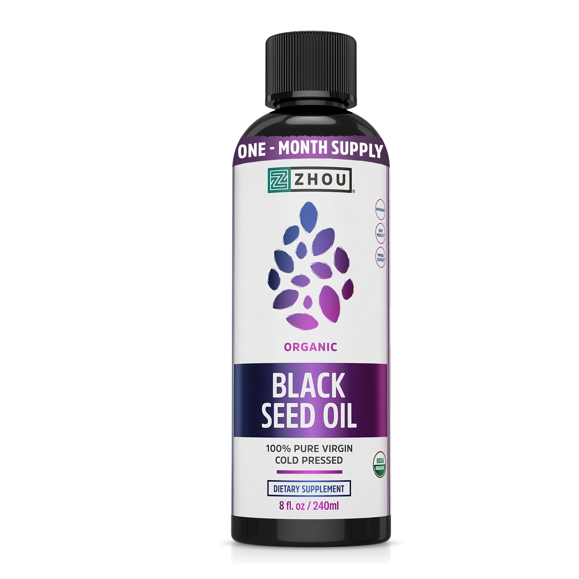 Zhou Organic Black Seed Oil - Black Cumin Seed Oil Cold Pressed, Nigella Sativa, Pure Unrefined Blackseed Liquid, Premium Supplement for Health with Thymoquinone, Omega 3 6 9 - 8 Fl Oz (Pack of 1)